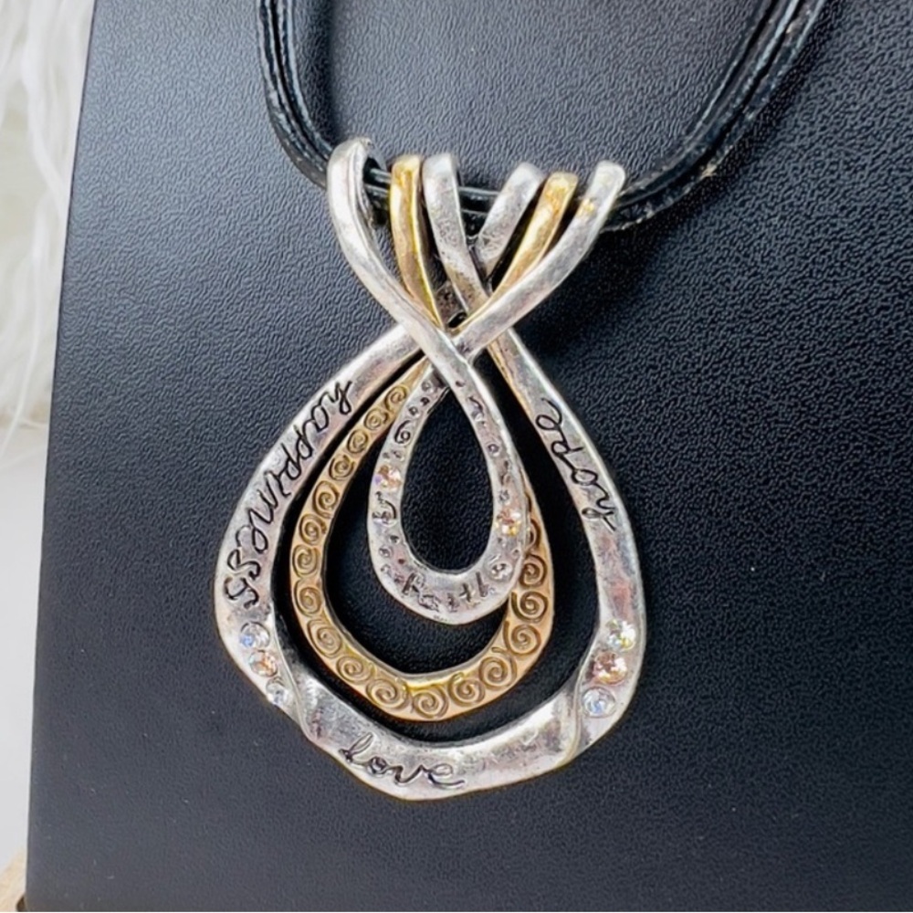Inspirational Love Happiness Faith Layered Teardrop Pendant Cord Necklace